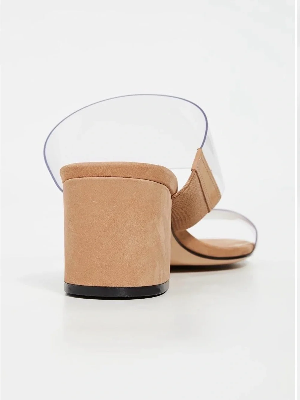 SCHUTZ Victorie Slides - Clear Double-Strap Sandal with Tan Suede Block Heel